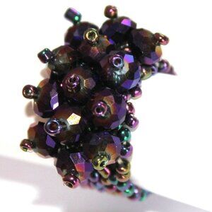 Dark Purple Aurora Borealis Faceted Crystal Seed Bead One Size Stretch Ring 7-10